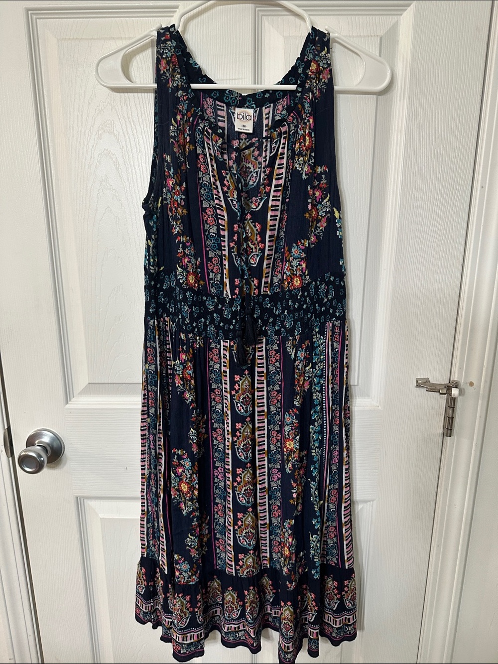 Bila Navy Floral Stripe Midi Dress with Pink and Teal Details